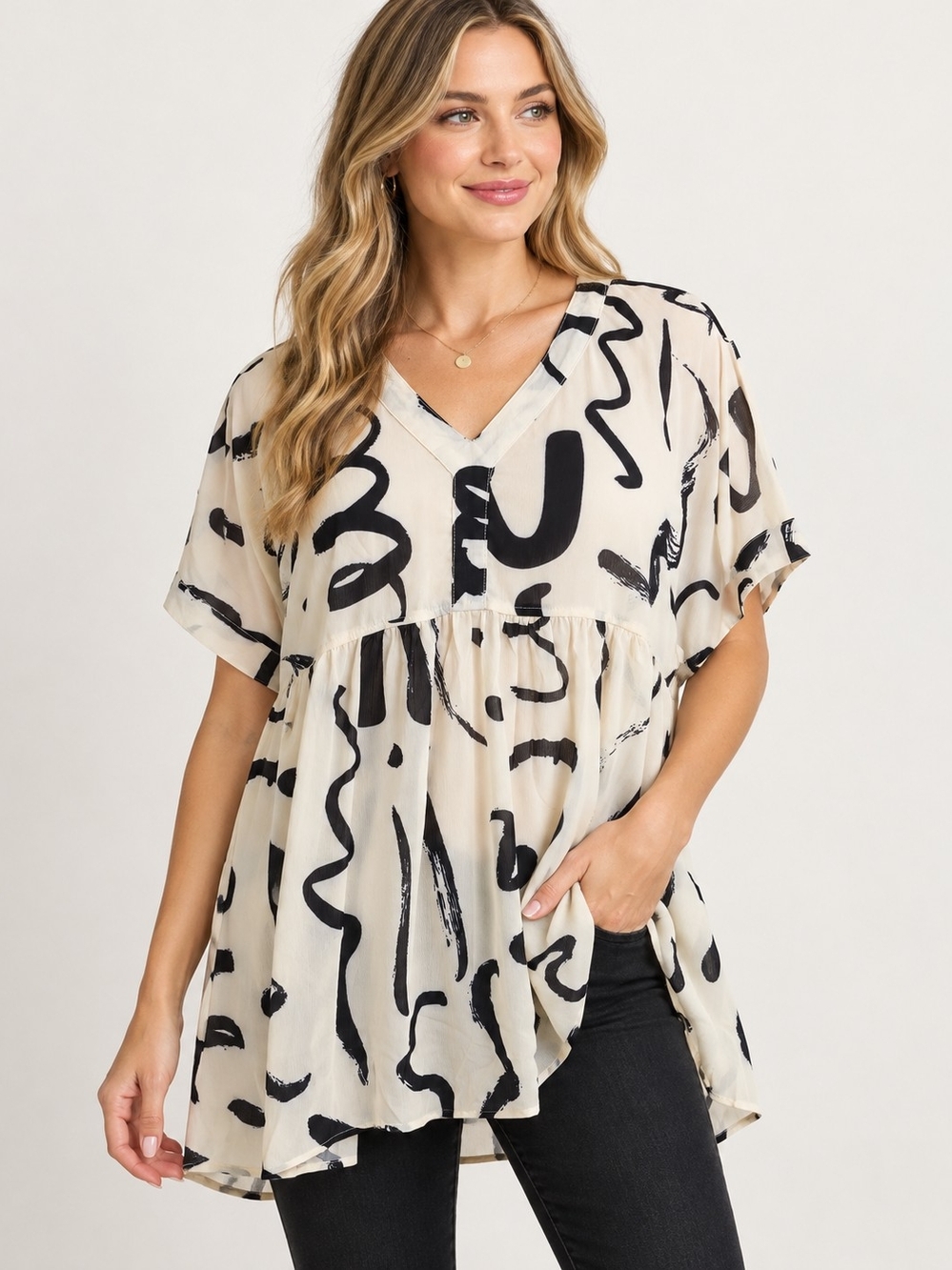 Umgee NWT Medium Cream Black Abstract Print Oversized Babydoll Tunic Top